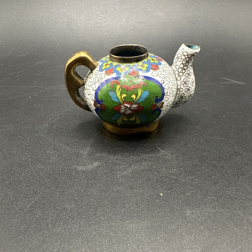 Antique Chinese Cloisonné Teapot 1.5"H x 2.5" L Floral Multi-Color Stamped
